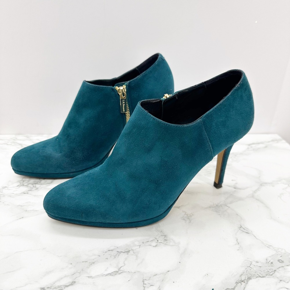 L.K. Bennett Teal Suede Ankle Booties Women 37.5/US 7.5 Stiletto Side Zip